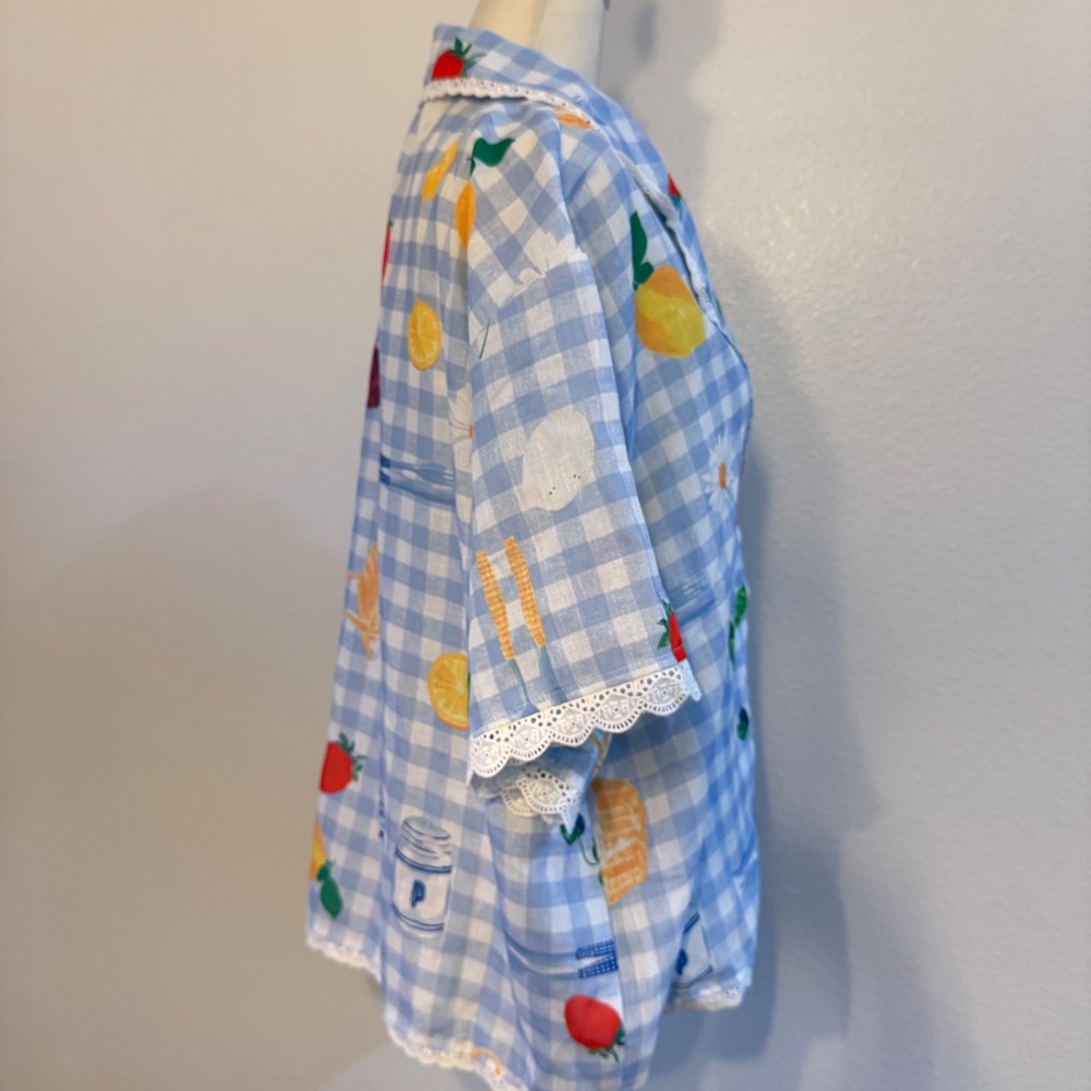 Gingham Fruit Print Coquette Mixed Media Button Up Shirt Grandma Women L Blue - Picture 3 of 6